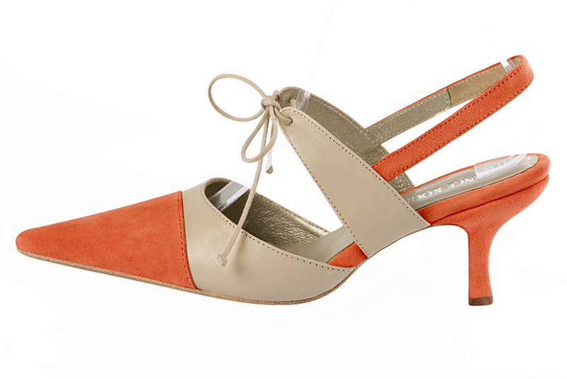 Clementine orange and champagne beige women's open back shoes, with an instep strap. Pointed toe. High slim heel. Profile view - Florence KOOIJMAN